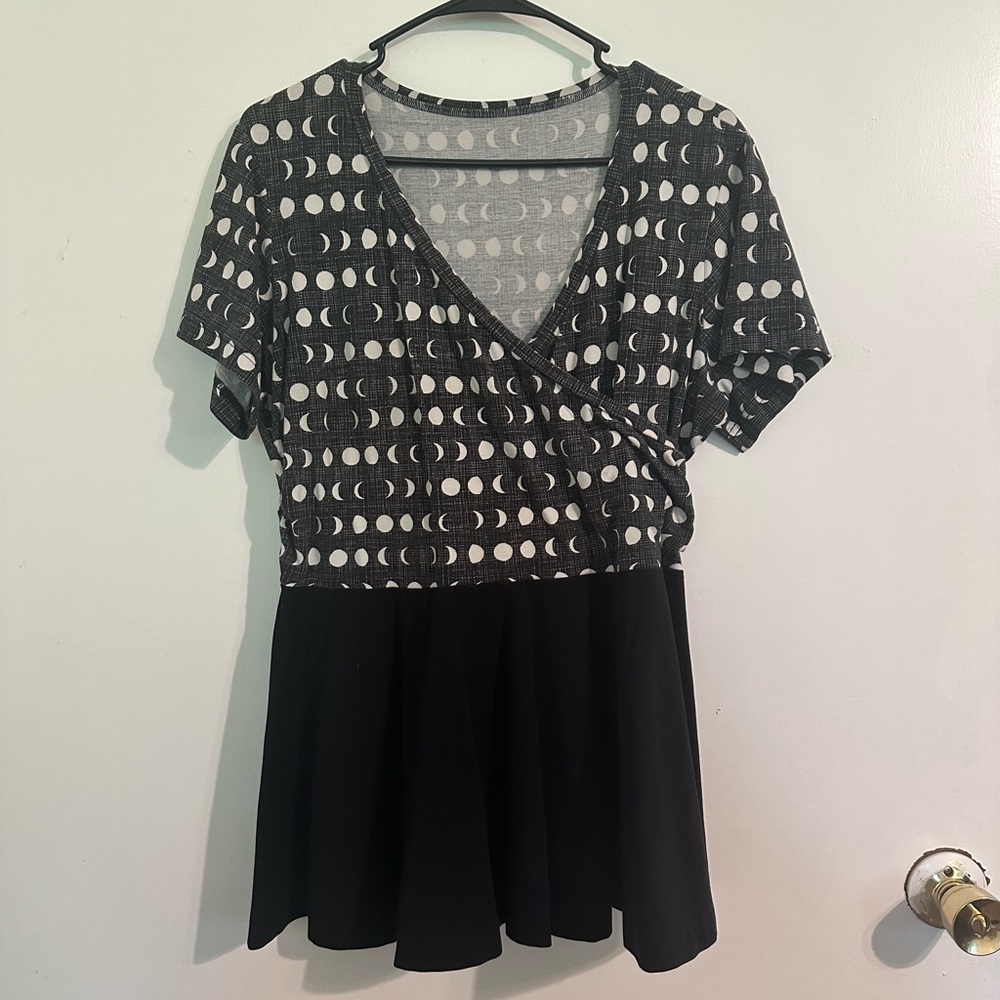 Black and White Moon Phase Faux Wrap Peplum Top